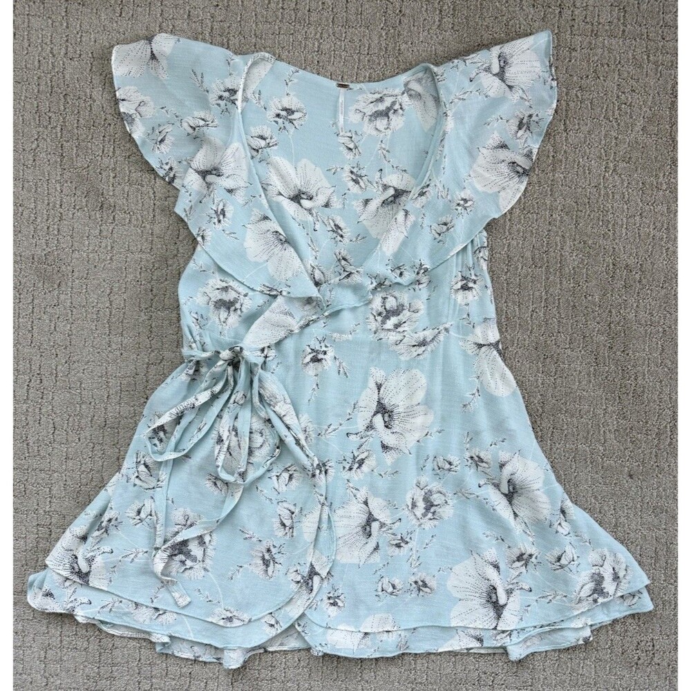 Free People French Quarter Wrap Dress M Blue White Floral Ruffle Boho Mini